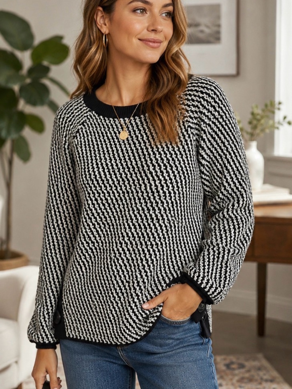 LOFT Black & White Textured Crewneck Sweater
